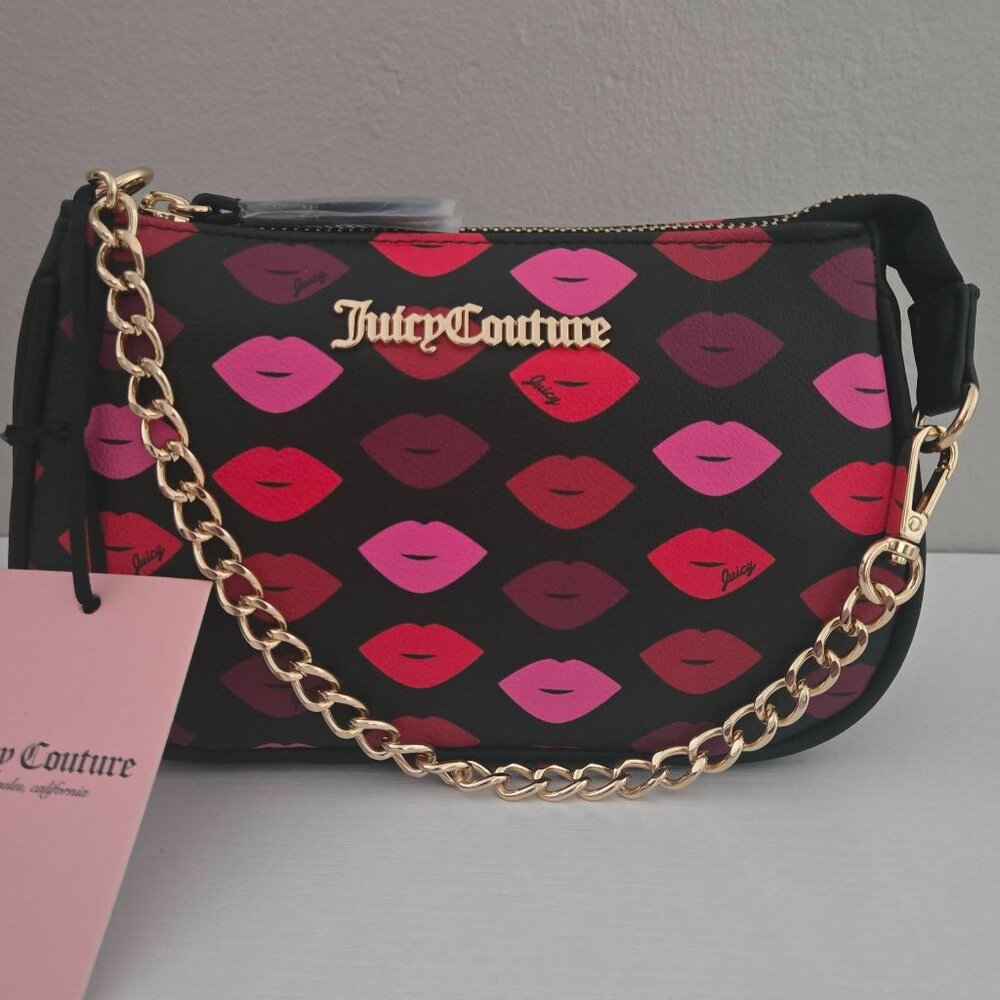 Juicy Couture Sealed With a Kiss Wristlet Clutch Purse Lips Gold Chain